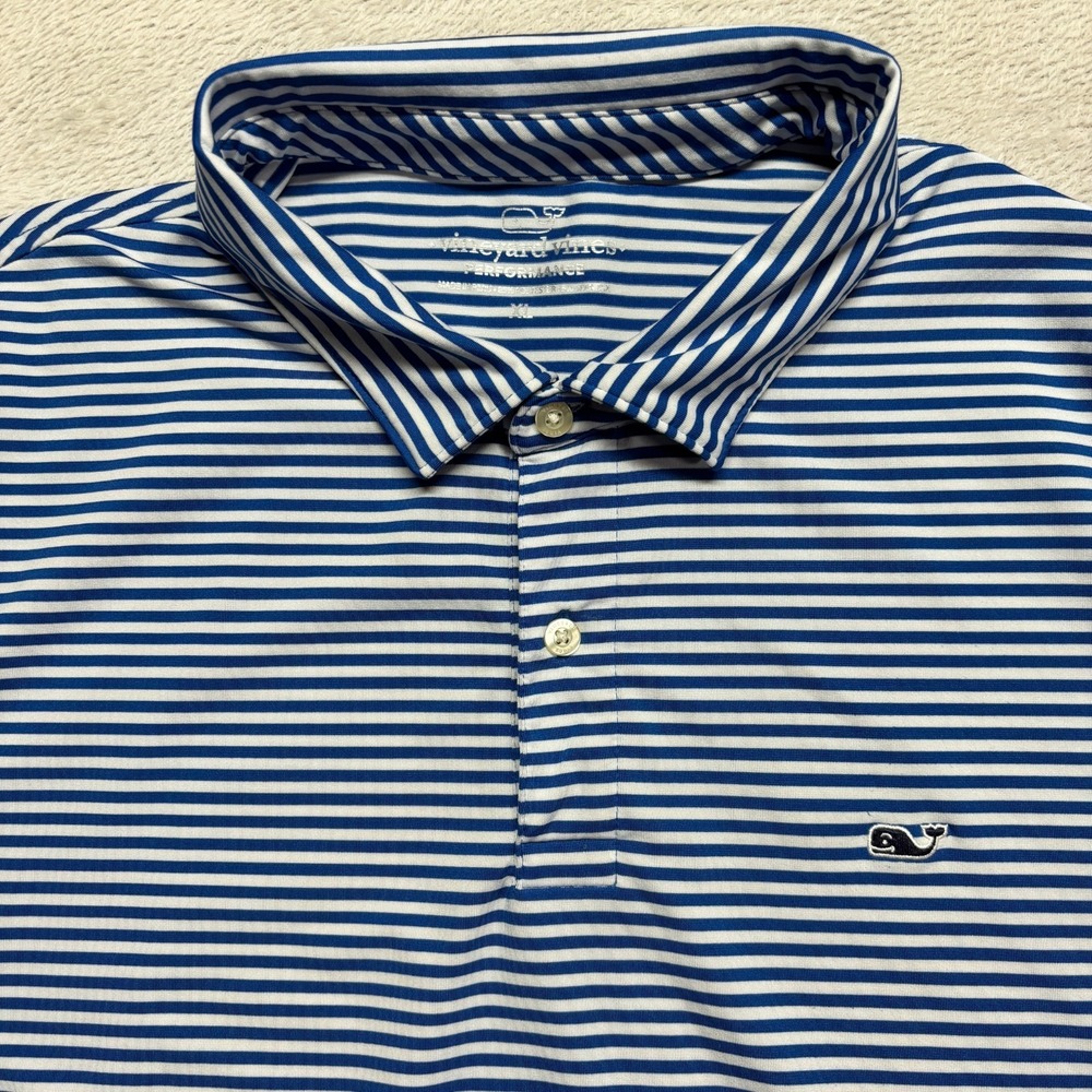 Vineyard Vines Performance Golf Polo Shirt Blue White Striped Mens XL Stretch